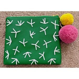 Studio DIY! Green Cactus Pouch Pom-Poms Pink‎ Interior Zip Pocket EUC!